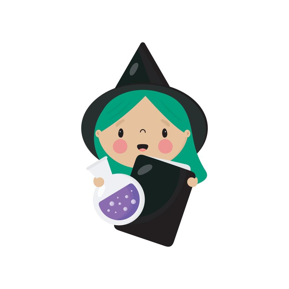 Cute Witch in cartoon style. Vector illustration on a white background. For posters, invitations, banners, printing on the pack, printing on clothes, fabric, wallpaper.