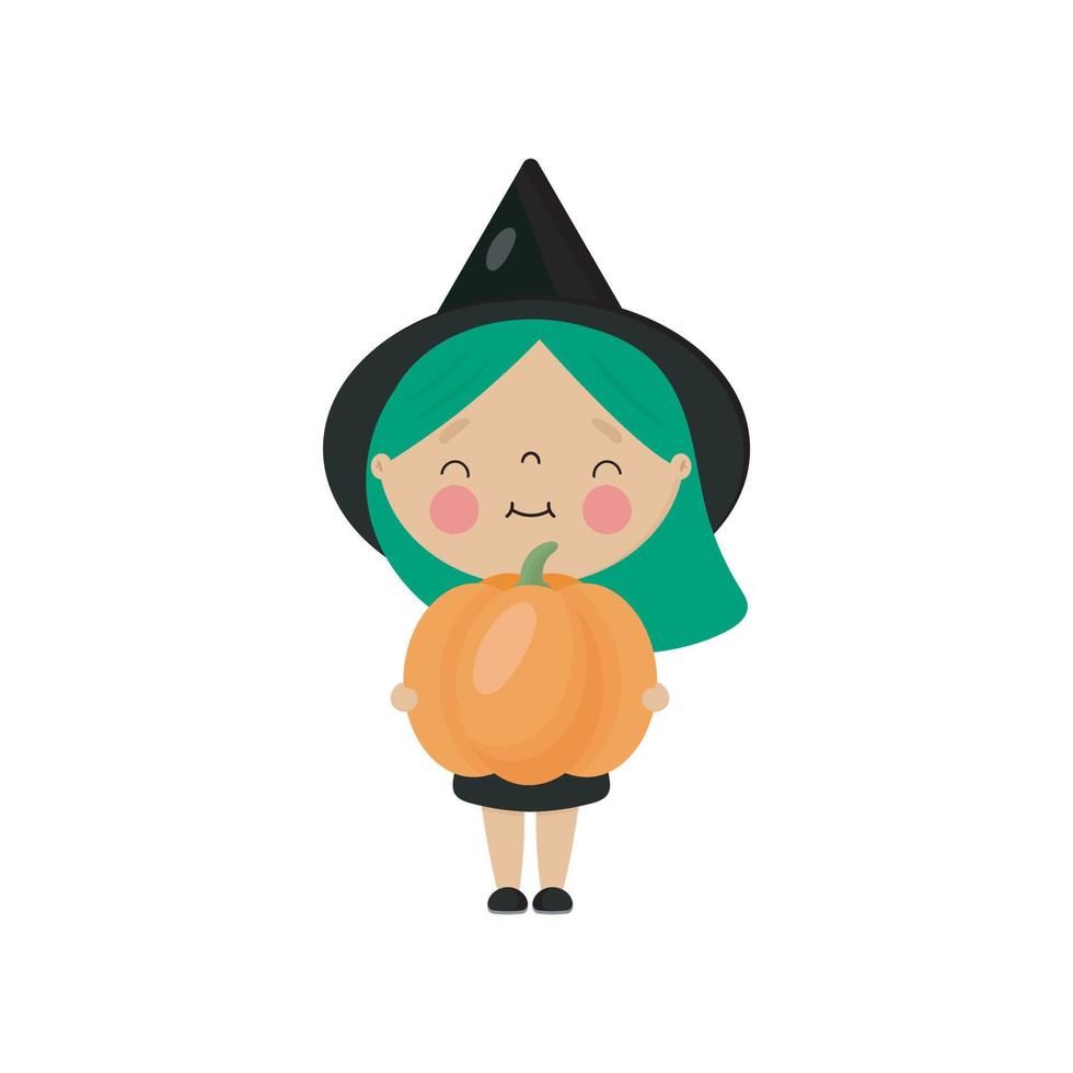 Cute Witch in cartoon style. Vector illustration on a white background. For posters, invitations, banners, printing on the pack, printing on clothes, fabric, wallpaper.