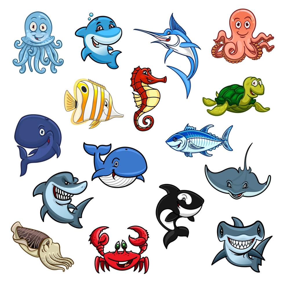 Sea and ocean animals, fish cartoon icons vector