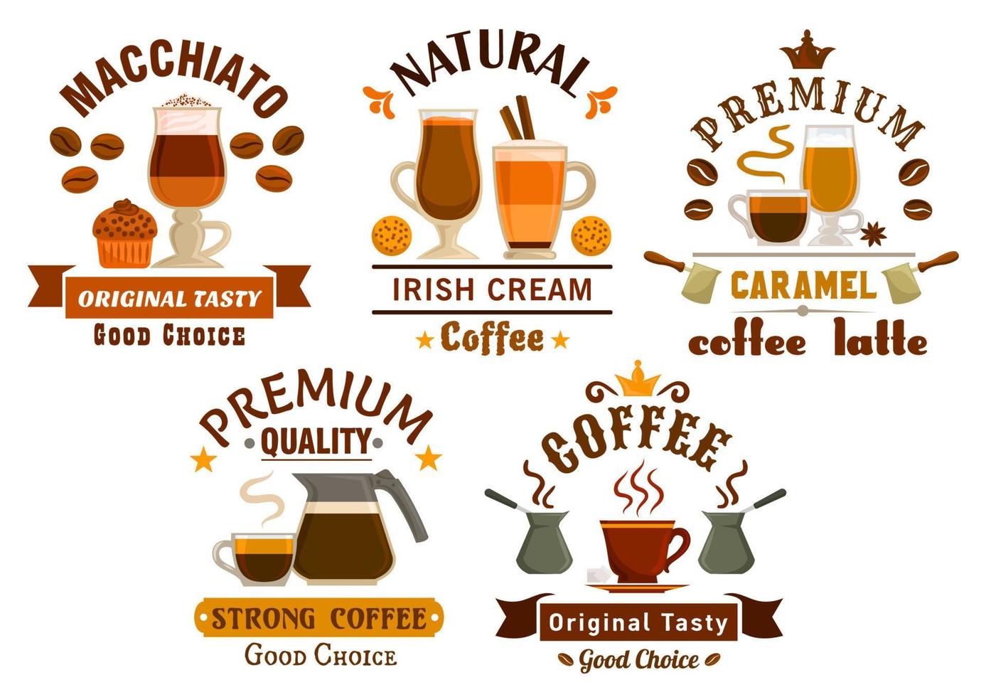 Coffee drinks with desserts badges for cafe design vector