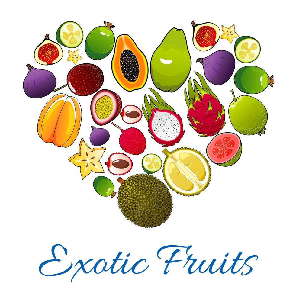 Exotic fruits icons in shape of heart vector