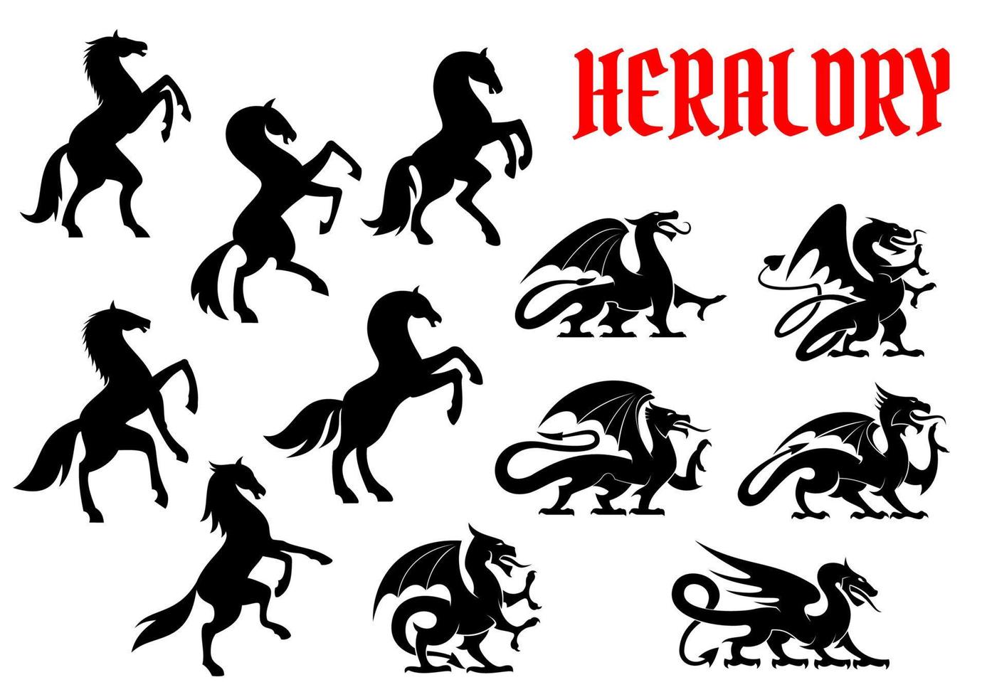 Heraldic mythical animals silhouette emblems vector