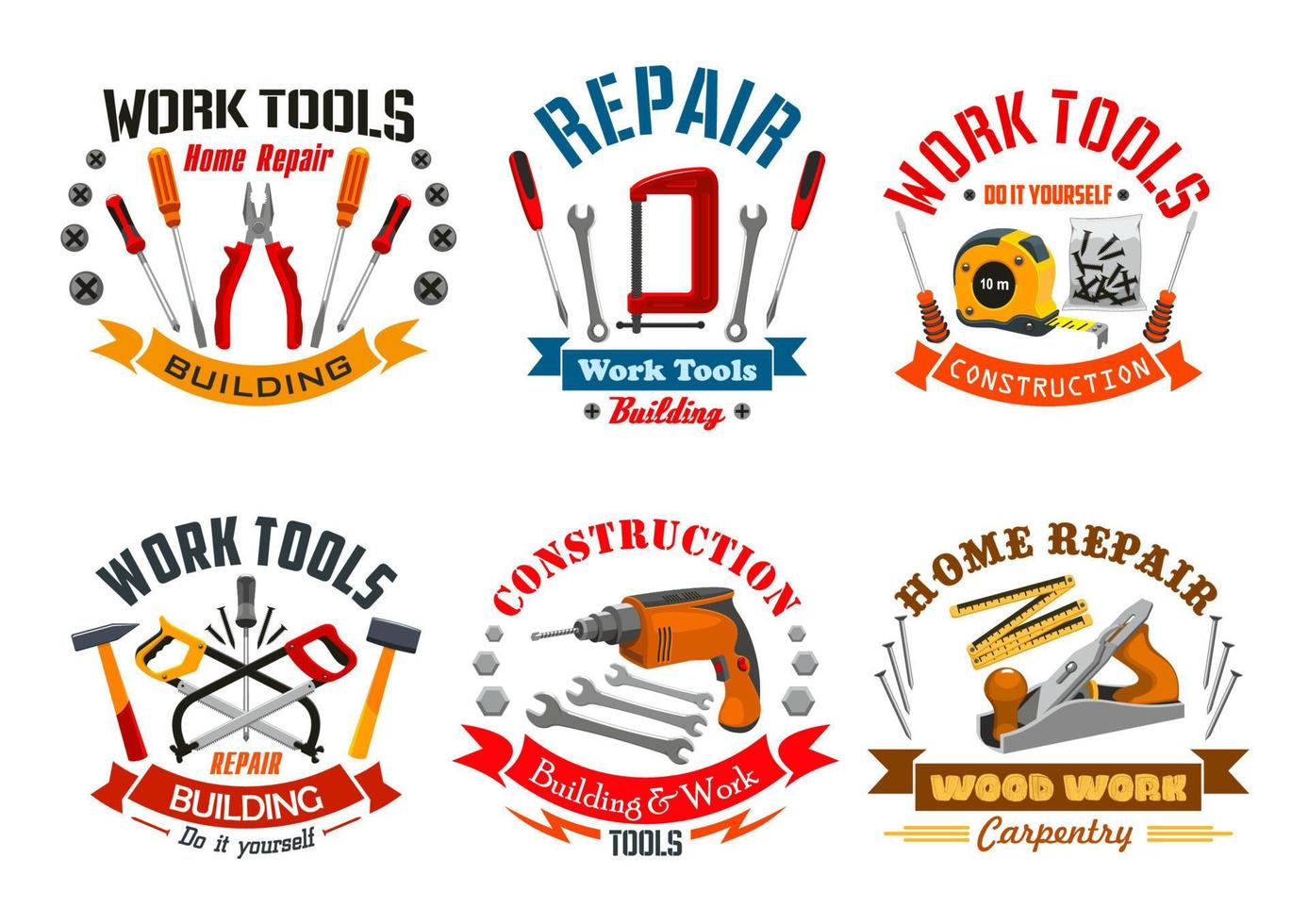 Repair work tools vector icons set