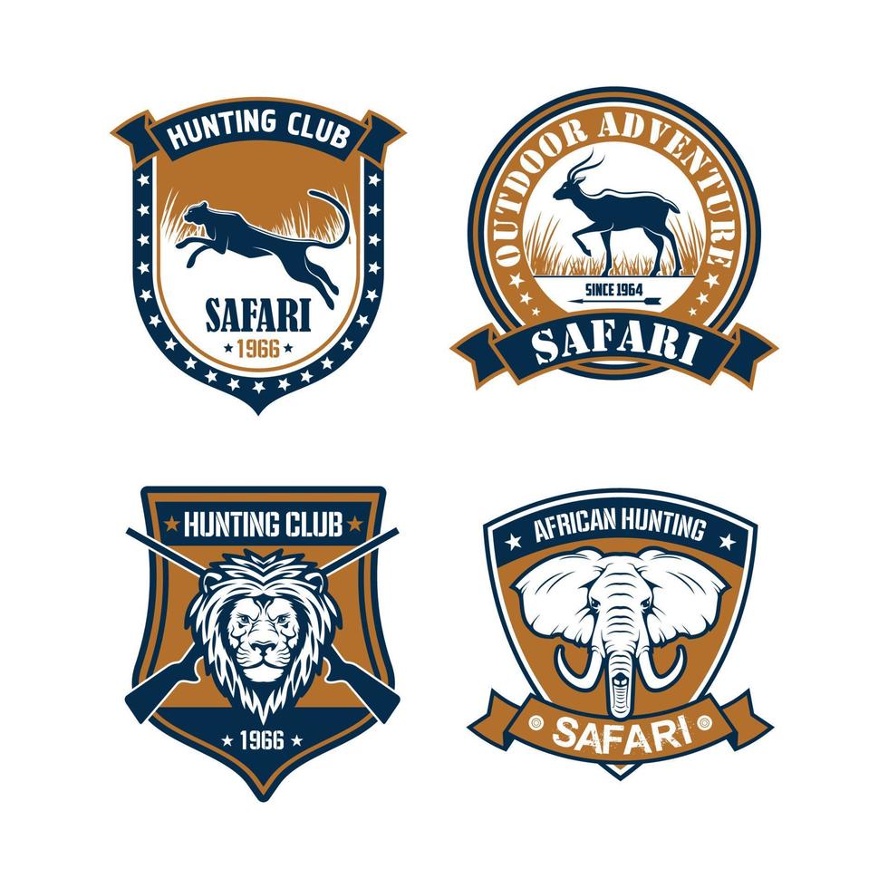 conjunto de insignias heráldicas de club de caza y viaje de safari vector