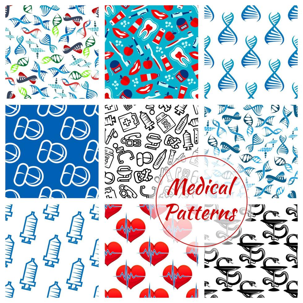 Medications, medical vector seamless patterns set