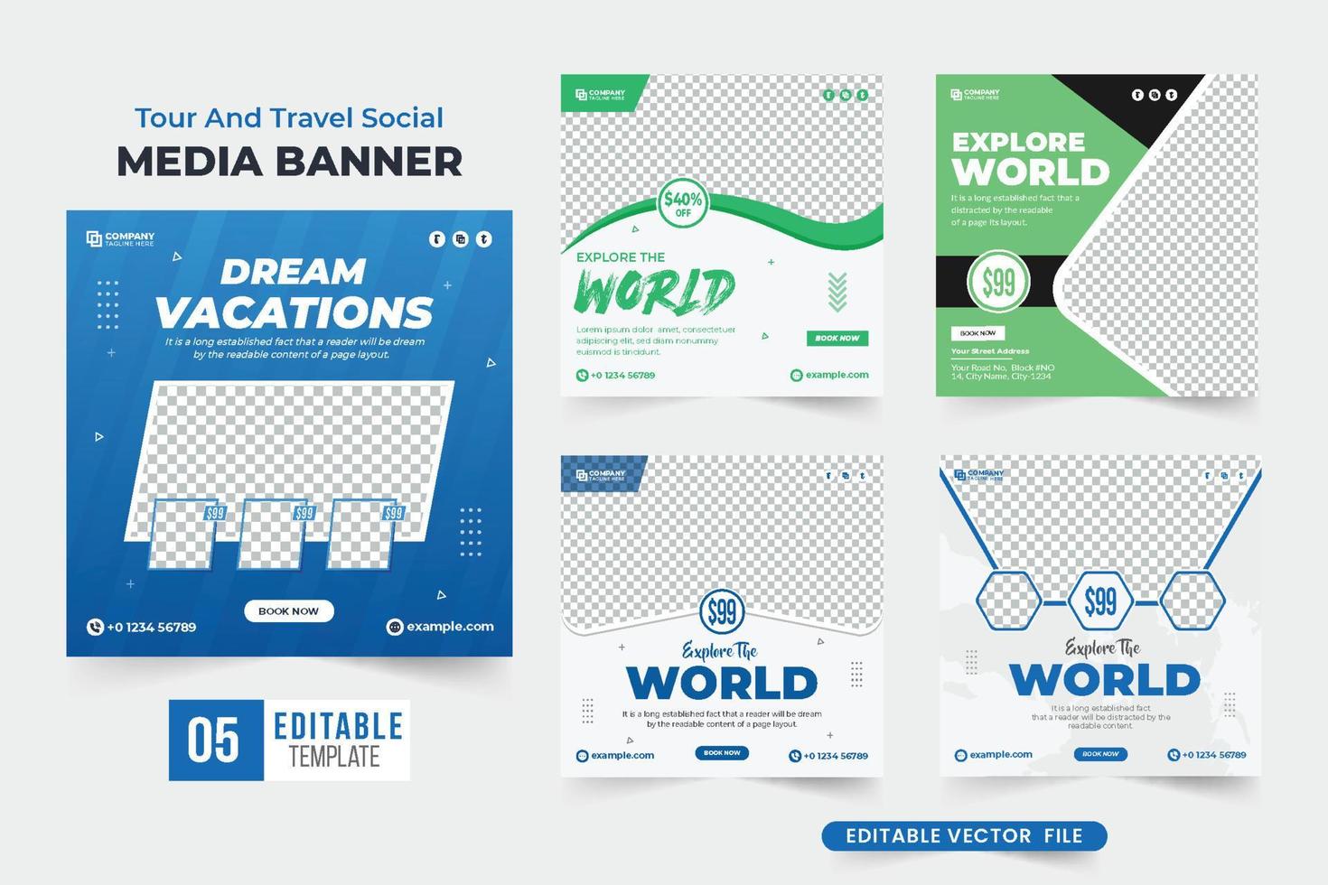 Tour and travel social media post design collection. Touring business poster bundle vector. Family vacation planner design for touring agency. Dream vacation and tour planner agency template set. vector