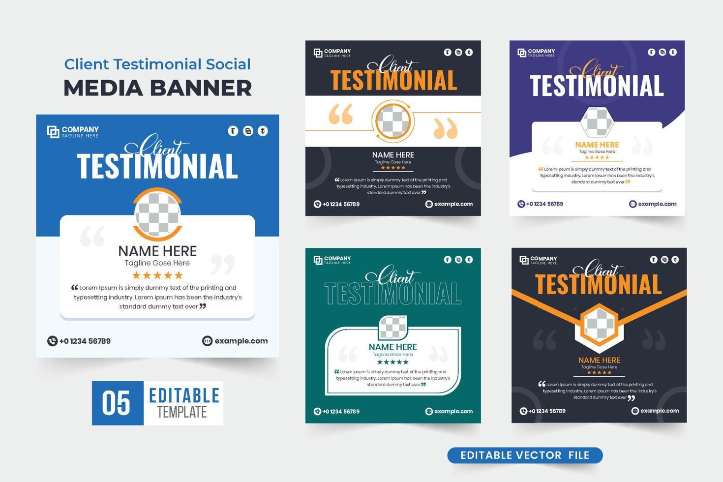 vector de colección de testimonios comerciales con efectos de texto y marcadores de posición de fotos. paquete de diseño de revisión de servicio al cliente creativo para empresas y sitios web. testimonios de clientes y conjunto de comentarios de trabajo.