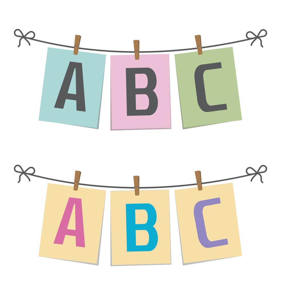 ABC letters on paper hanging on a rope, vector isolated illustration