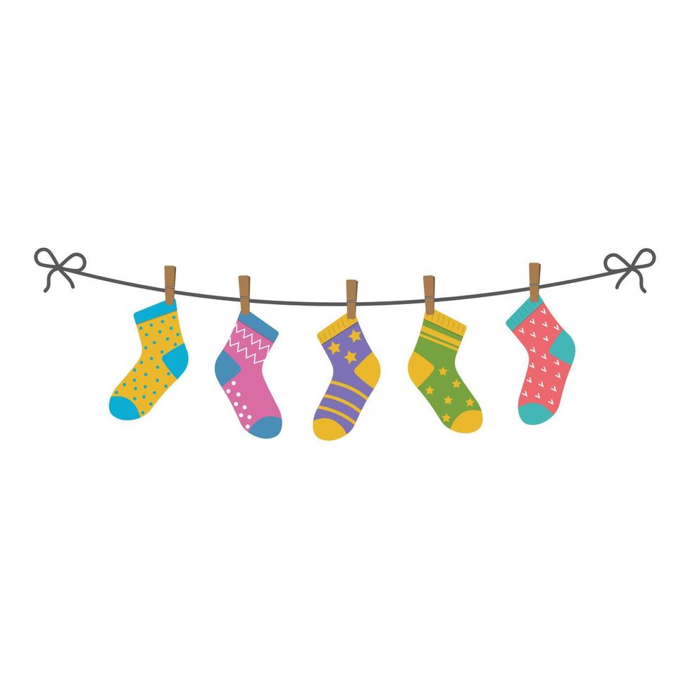Children's colored socks hanging on a rope, vector isolated illustration
