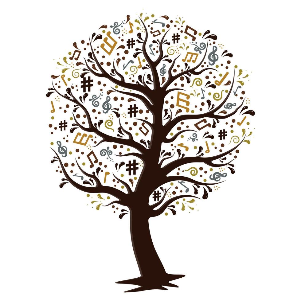 A tree made of musical notes, isolated on a white background, multicolored silhouette, Vector illustration.