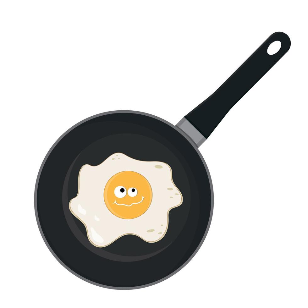 Fried egg character with kawaii eyes in a frying pan, black outline, line, vector illustration