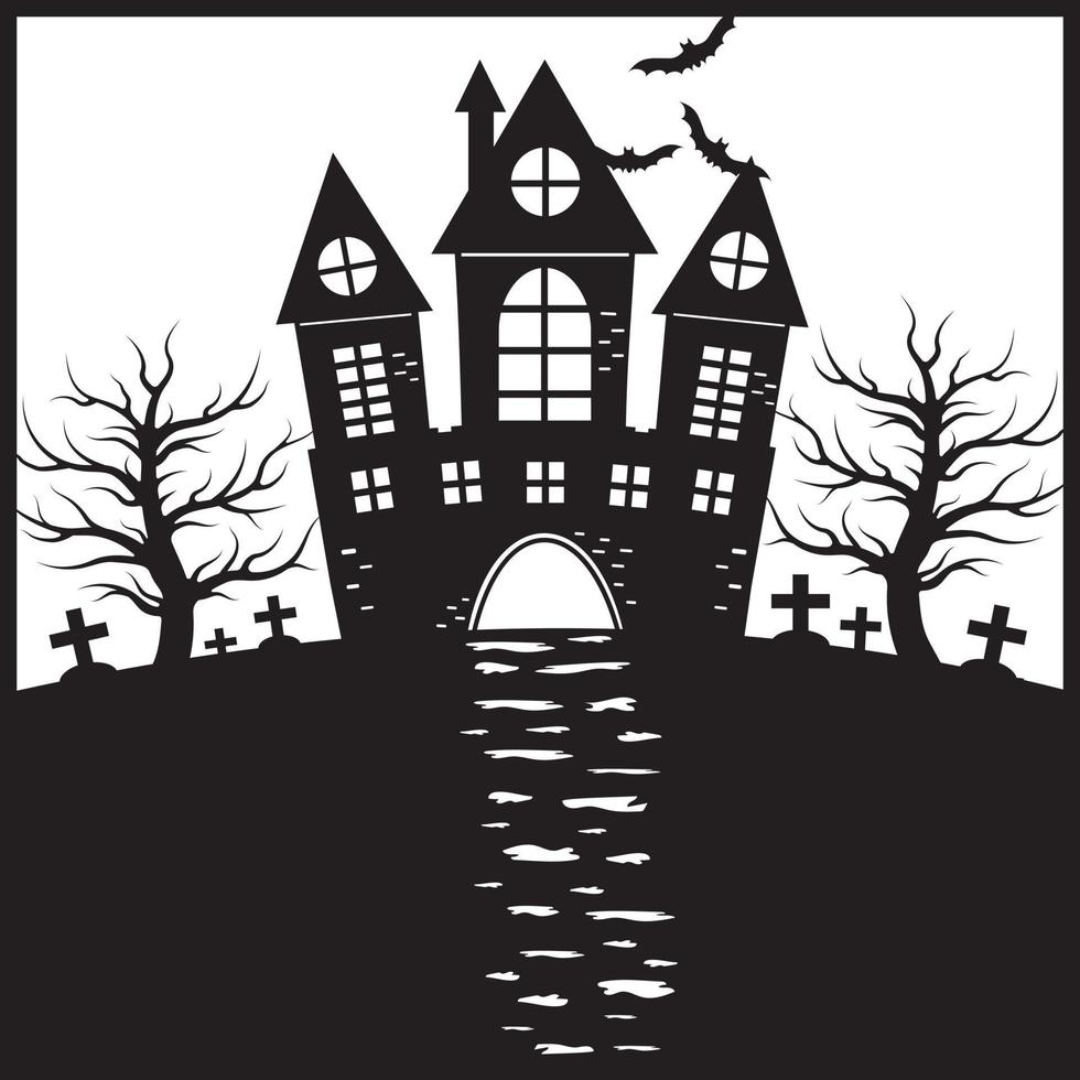 Sinister castle with Halloween cemetery, vector illustration stencil