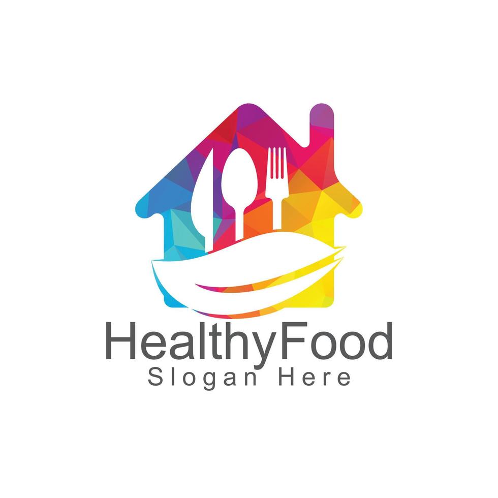 Healthy home food logo template. Organic food logo with spoon, fork, knife and leaf symbol. vector