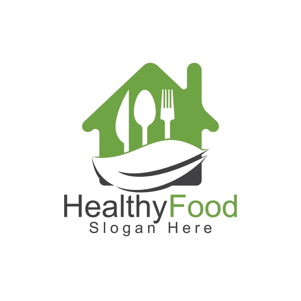 Healthy home food logo template. Organic food logo with spoon, fork, knife and leaf symbol. vector