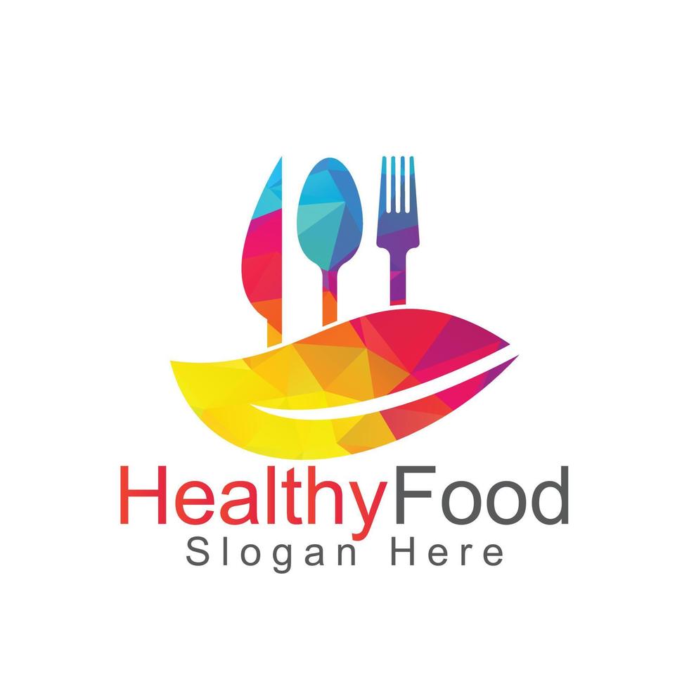 Healthy food logo template. Organic food logo with spoon, fork, knife and leaf symbol. vector