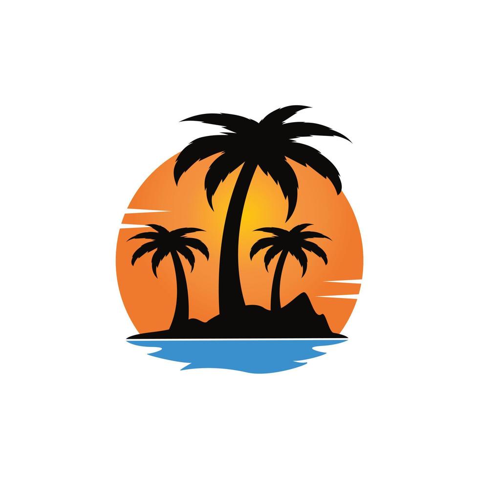 vacaciones y diseño de logotipo de vector de turismo. sol de playa y logo vectorial de palmera. signo de viajes y turismo. diseño de logotipo vectorial para el negocio de hospitalidad de estancia en casa de resort.