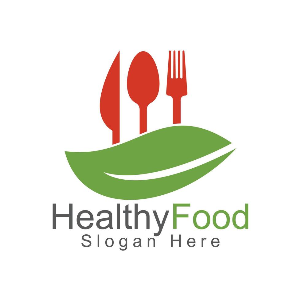 Healthy food logo template. Organic food logo with spoon, fork, knife and leaf symbol. vector