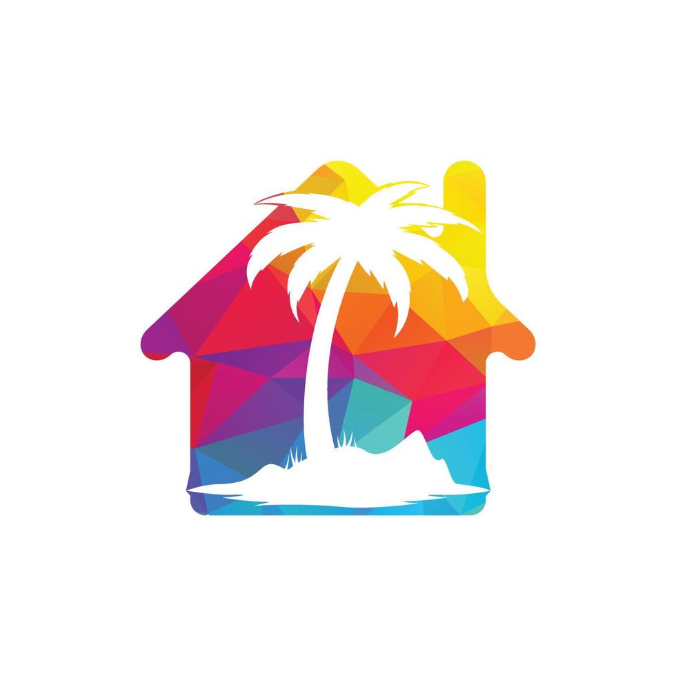 House and the beach with palm tree vector logo design. Beach house logo design.