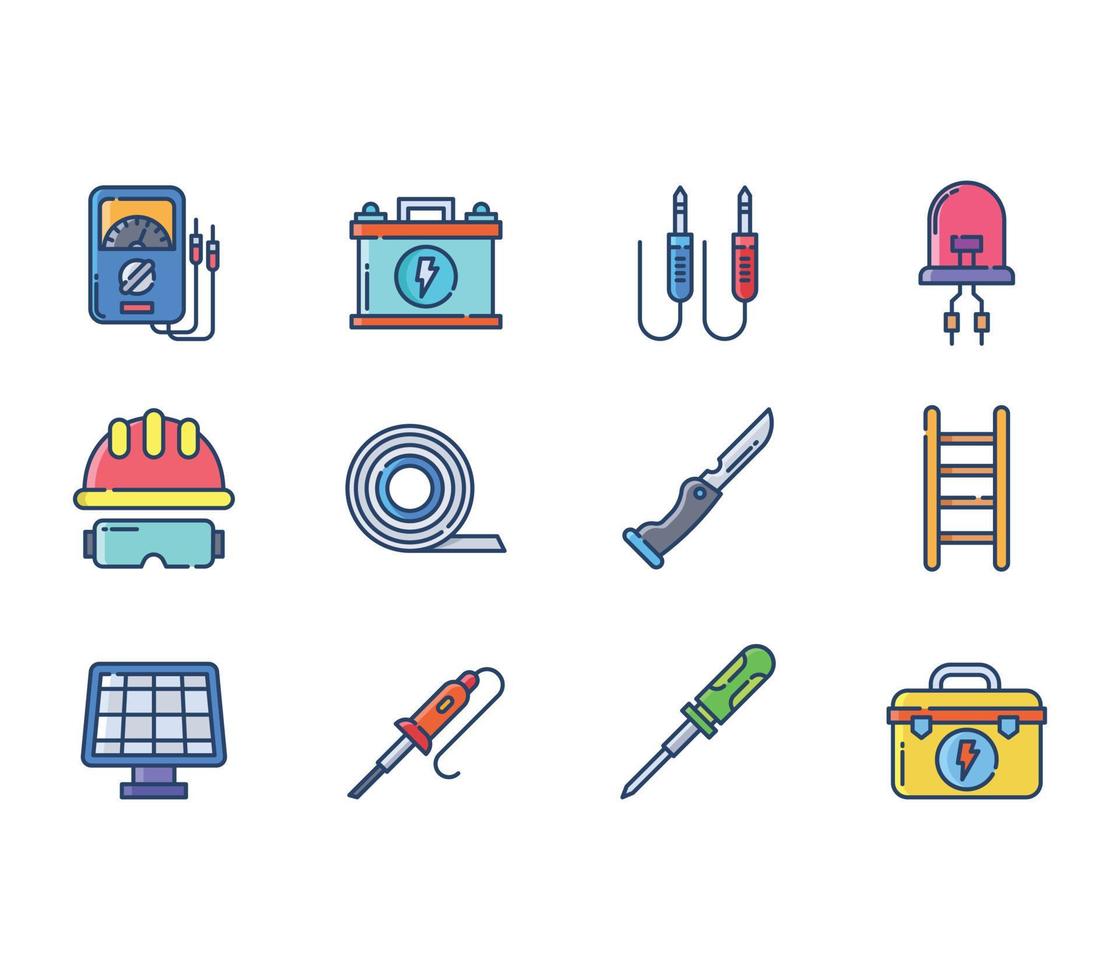 Electrician and electrical work element icon set vector