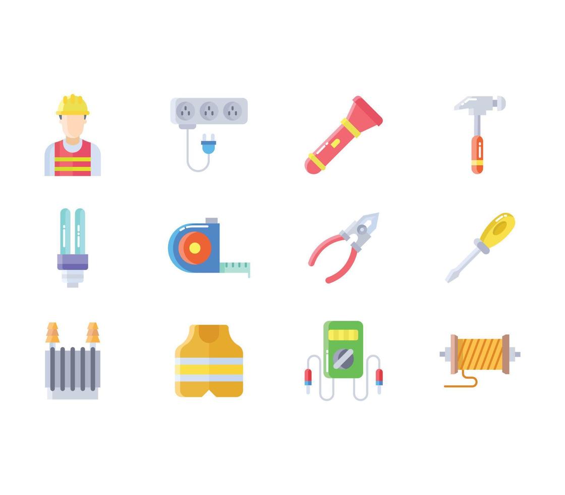 Electrician and electrical work element icon set vector