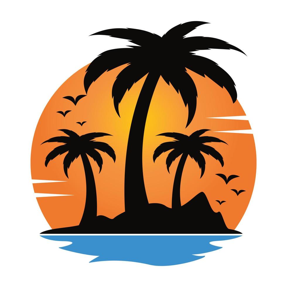 vacaciones y diseño de logotipo de vector de turismo. sol de playa y logo vectorial de palmera. signo de viajes y turismo. diseño de logotipo vectorial para el negocio de hospitalidad de estancia en casa de resort.