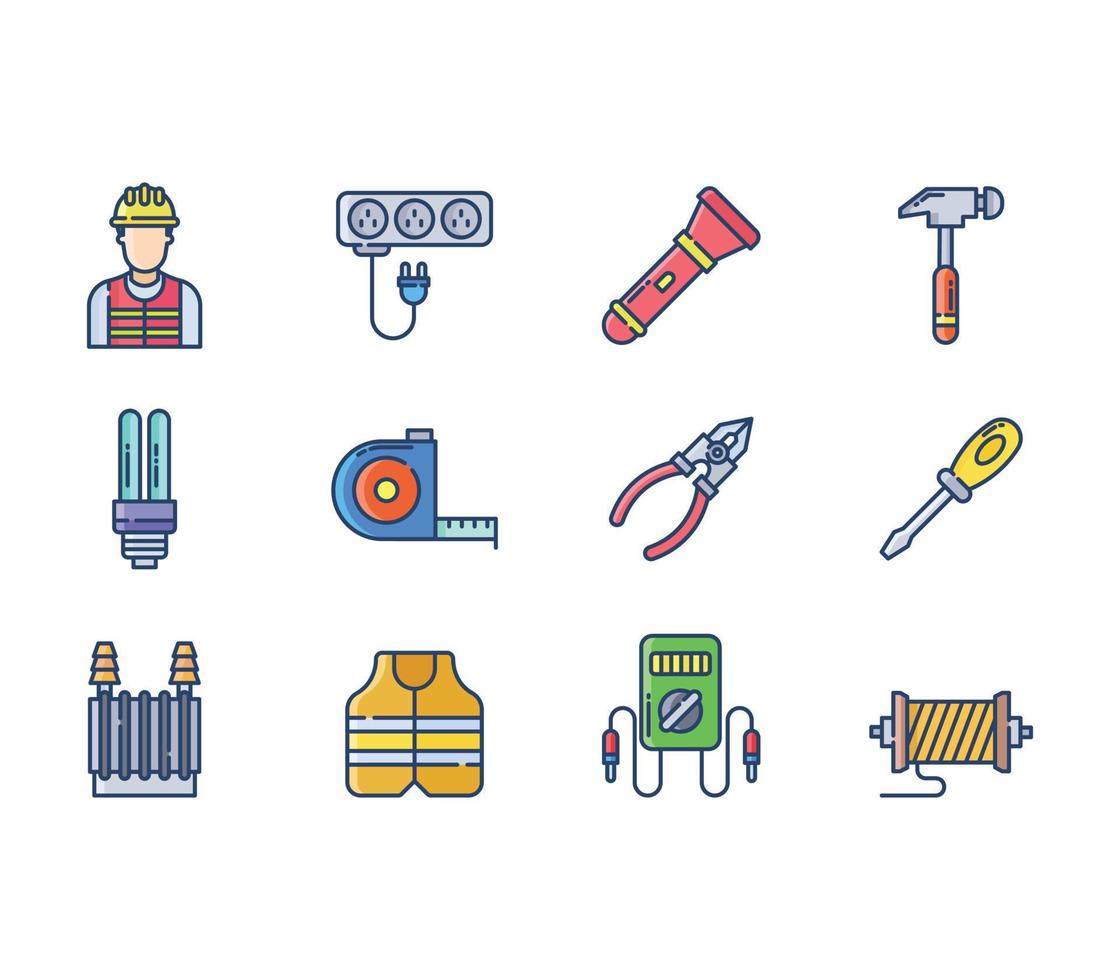 Electrician and electrical work element icon set vector