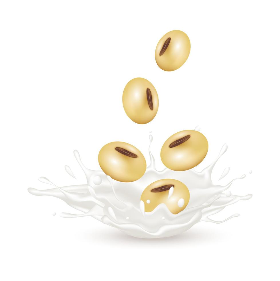 Soy milk with soybeans and milk yogurt splashing isolated on white background. Exercises and eat healthy food. Health concept. Realistic 3d vector illustration.