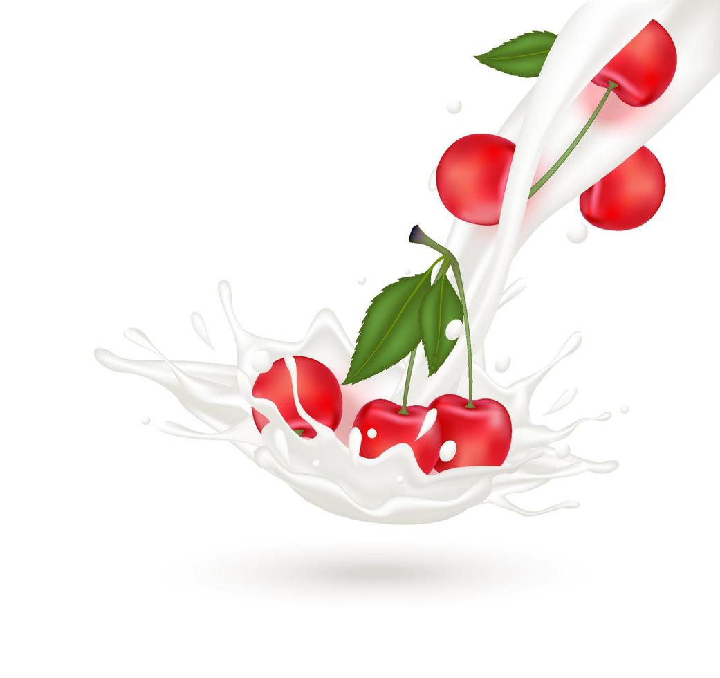 Cherry milk yogurt splashing isolated on white background. Exercises and eat healthy food. Health concept. Realistic 3d vector illustration.