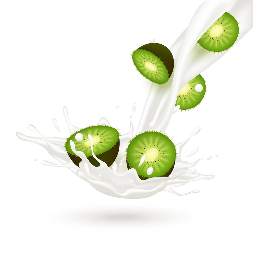 Yogur de leche de kiwi salpicado aislado sobre fondo blanco. hacer ejercicio y comer alimentos saludables. concepto de salud ilustración vectorial 3d realista. vector