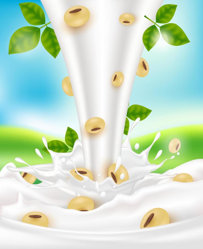Soy milk splash pouring down for package design. Milk and Calcium. Dietary supplement bone, Medical or healthcare concept. 3d Vector EPS10 illustration