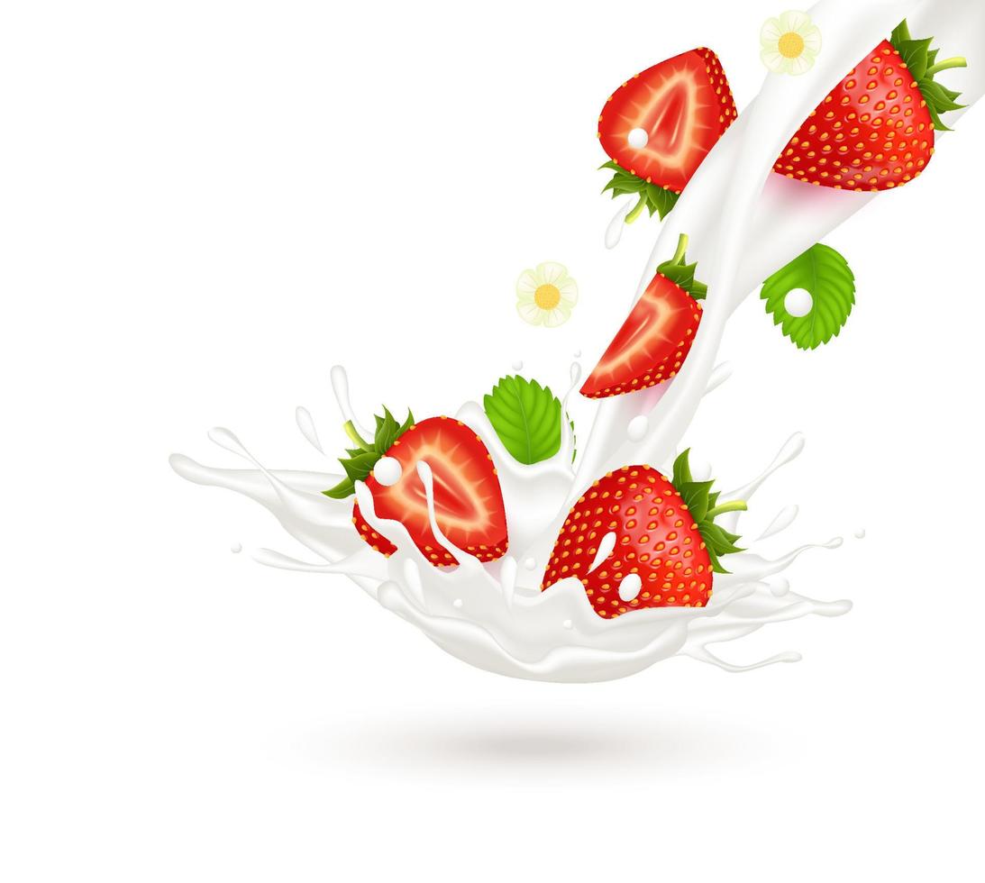 Strawberry milk yogurt splashing isolated on white background. Exercises and eat healthy food. Health concept. Realistic 3d vector illustration.