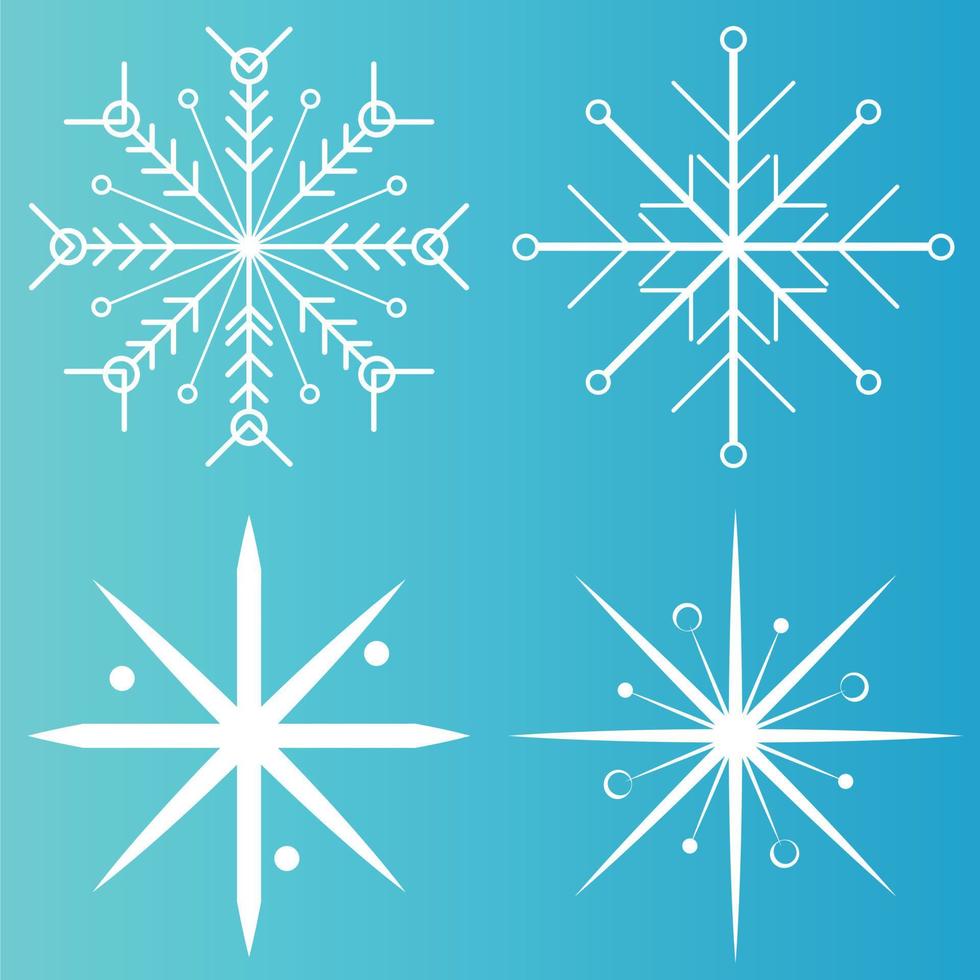 White snowflake icons collection in line style isolated on blue background. New year design elements, frozen symbol, Vector illustration