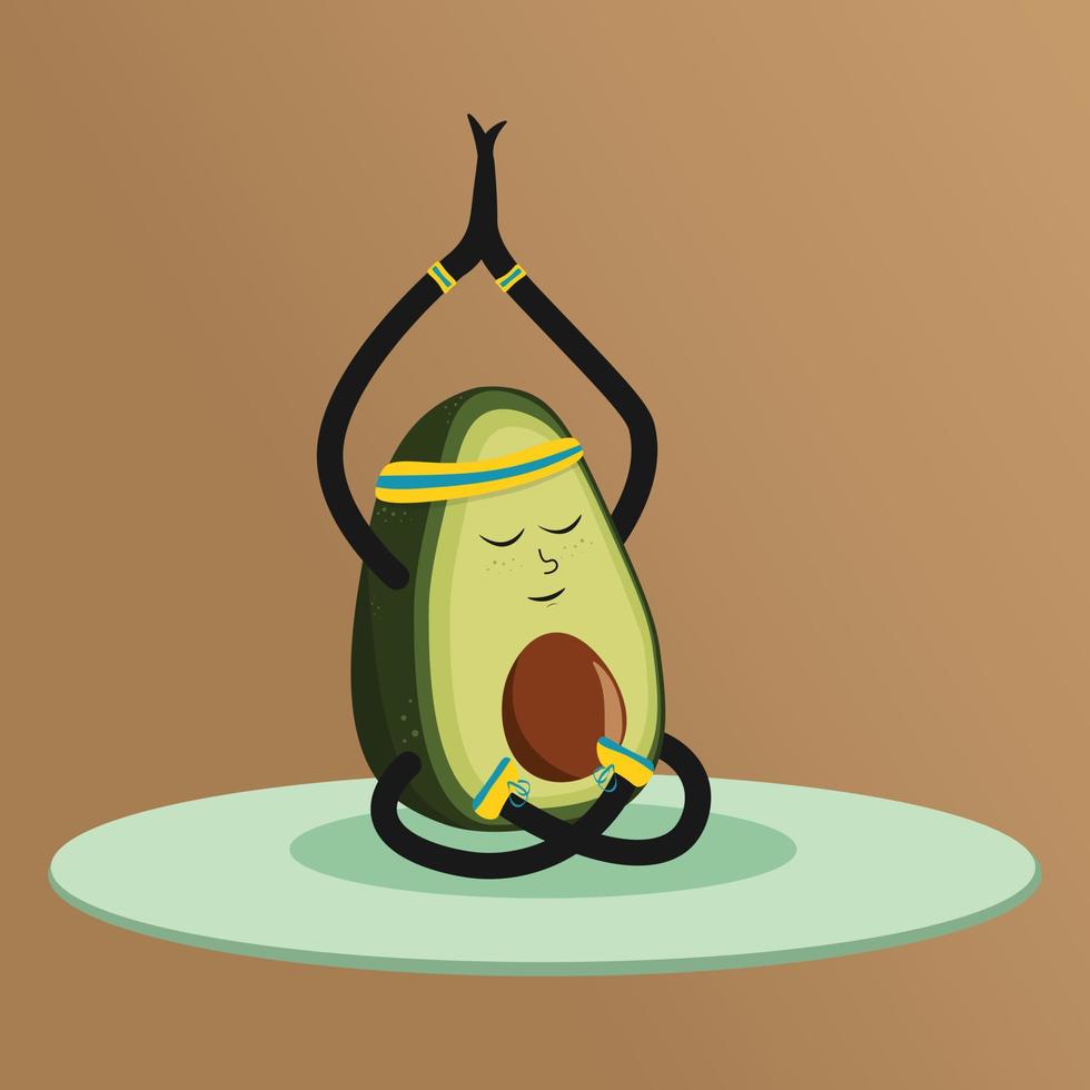 lindo aguacate en pose de yoga. personaje de fruta de dibujos animados vector divertido aislado en un fondo. comer sano y fitness.