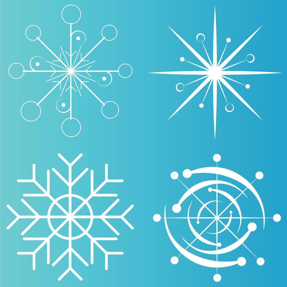 White snowflake icons collection in line style isolated on blue background. New year design elements, frozen symbol, Vector illustration