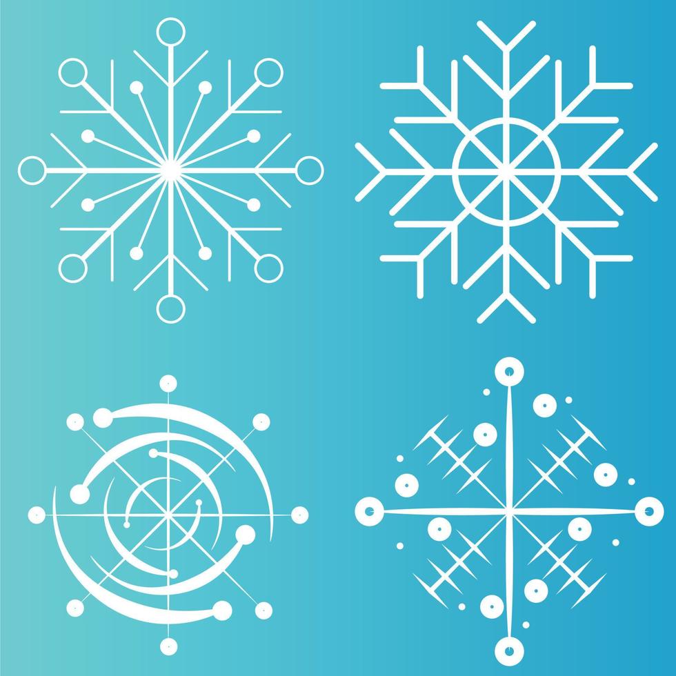 White snowflake icons collection in line style isolated on blue background. New year design elements, frozen symbol, Vector illustration