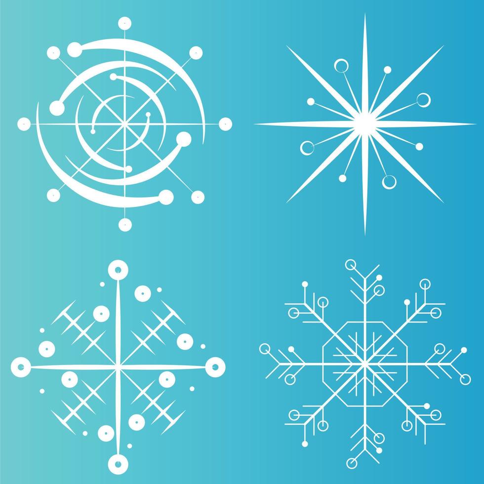 White snowflake icons collection in line style isolated on blue background. New year design elements, frozen symbol, Vector illustration