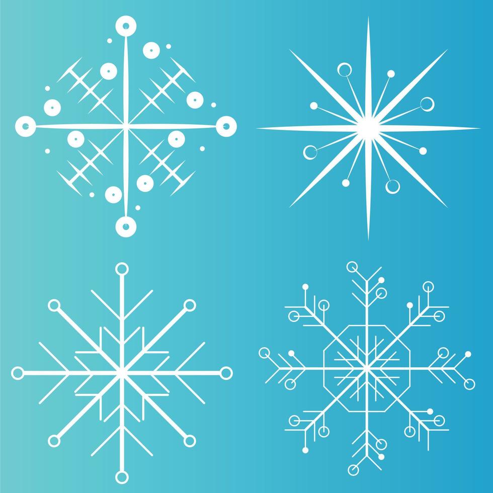 White snowflake icons collection in line style isolated on blue background. New year design elements, frozen symbol, Vector illustration