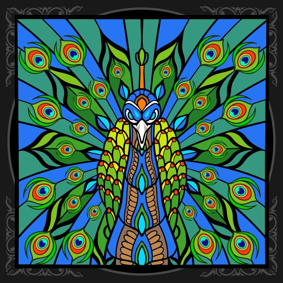 Colorful peacock bird mandala isolated on black background vector