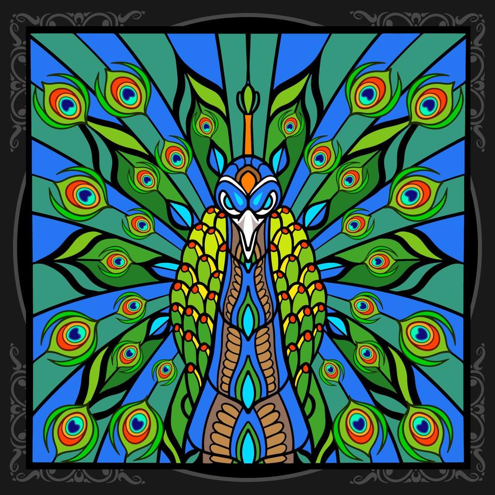 Colorful peacock bird mandala isolated on black background vector