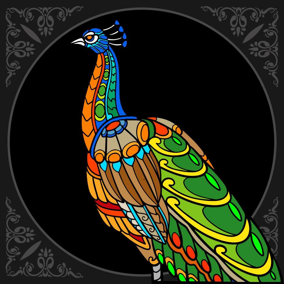 colorido, pavo real, pájaro, mandala, aislado, en, fondo negro vector