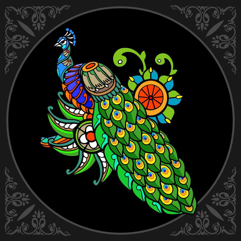 Colorful peacock bird mandala isolated on black background vector