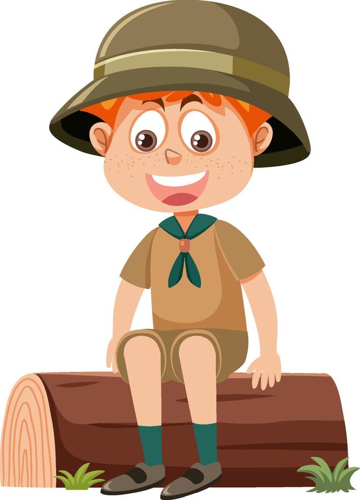 Cute boy scout cartoon character sitting on log vector