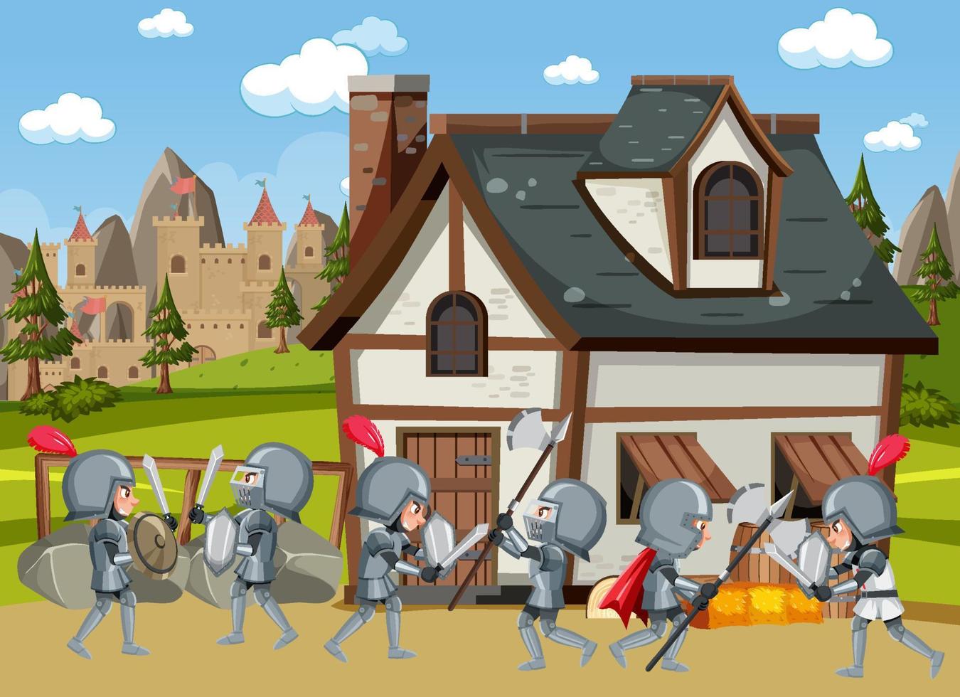 Medieval village scene castle background vector