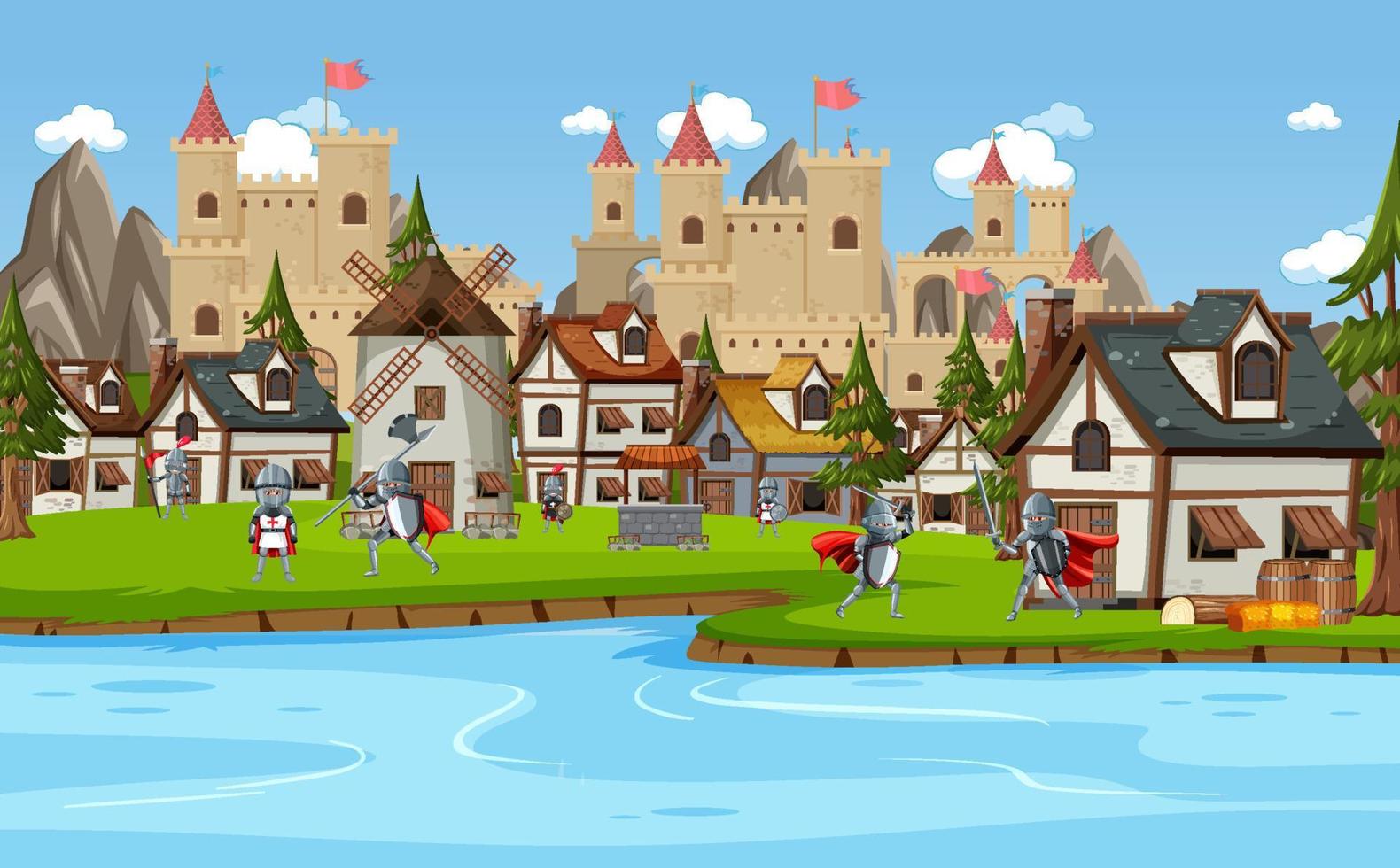 Medieval village scene castle background vector