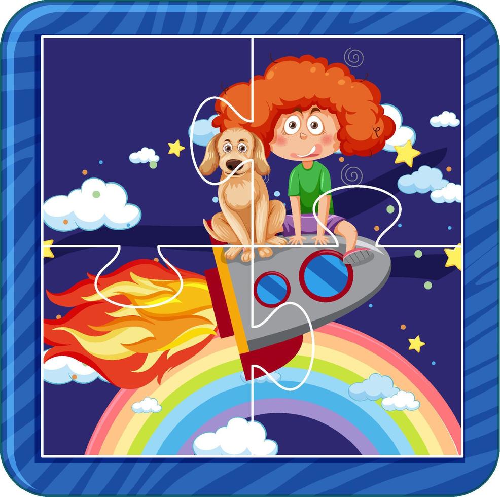 Girl with her dog in space photo jigsaw puzzle game vector