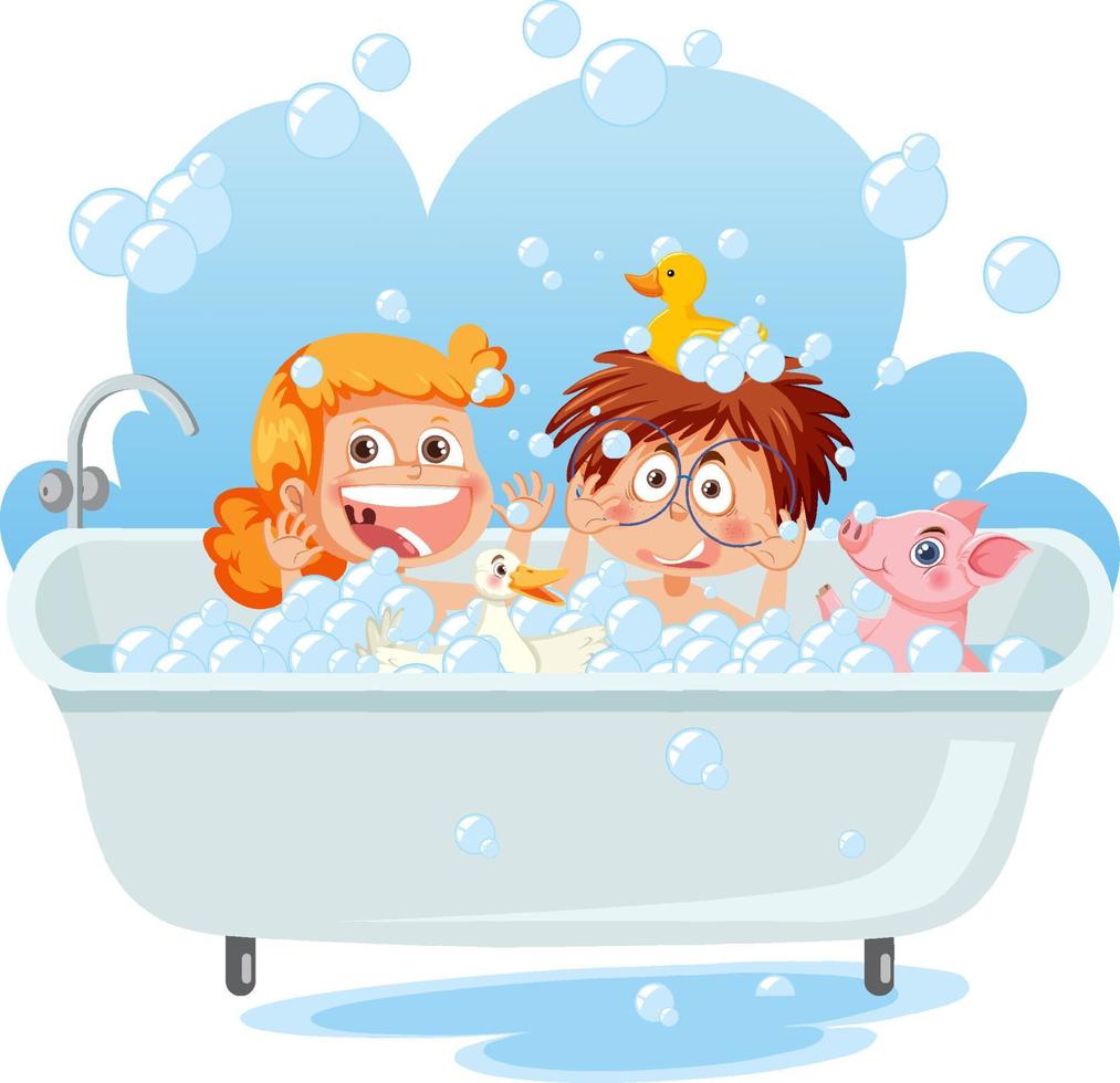 Kids playing bubbles in bathtub vector