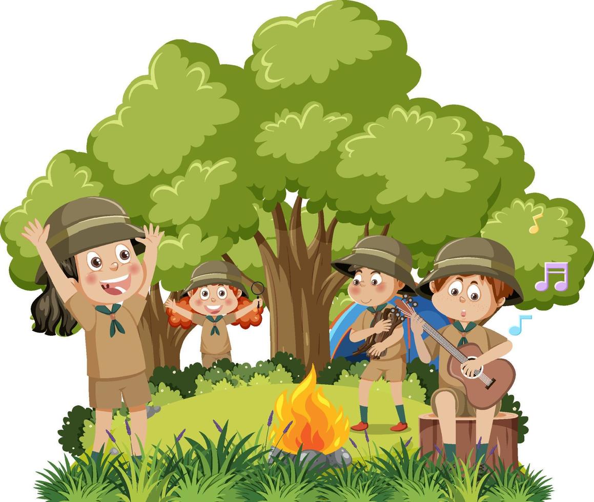 Children camping out forest scene vector