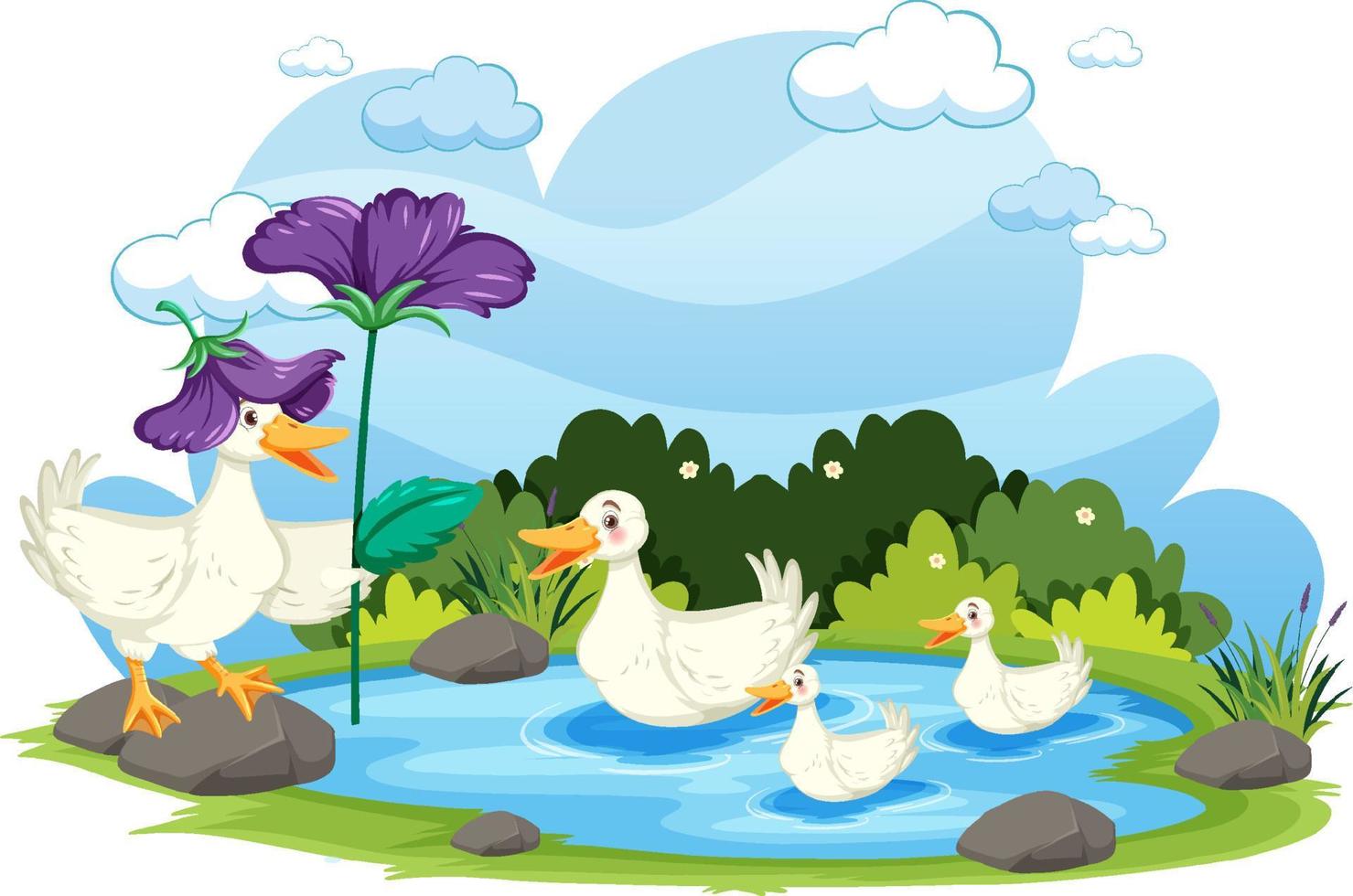 Duck family at a pond vector