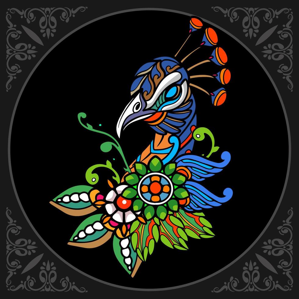 colorido, pavo real, pájaro, mandala, aislado, en, fondo negro vector