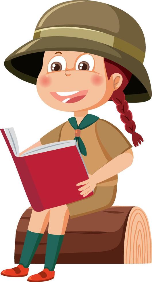 Cute girl scout cartoon character sitting on log reading a book vector